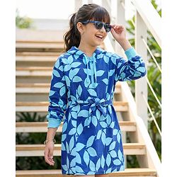 Pine Kids Cotton Knit Full Drop Shoulder Sleeves Hooded Sweatshirt Dress With Leafy Print & Front Tie Up-Blue