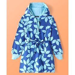 Pine Kids Cotton Knit Full Drop Shoulder Sleeves Hooded Sweatshirt Dress With Leafy Print & Front Tie Up-Blue