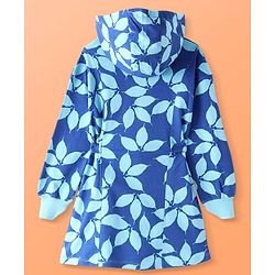 Pine Kids Cotton Knit Full Drop Shoulder Sleeves Hooded Sweatshirt Dress With Leafy Print & Front Tie Up-Blue