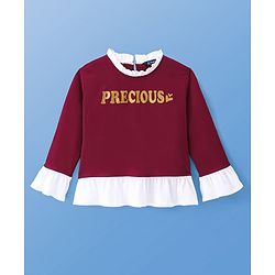 Pine Kids Cotton Knit Full Sleeves Text Printed Top - Maroon