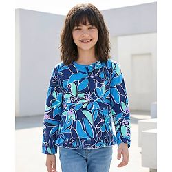 Pine Kids Cotton Knit Full Sleeves Floral Printed Top with Bow Applique - Navy Blue