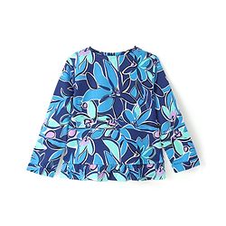 Pine Kids Cotton Knit Full Sleeves Floral Printed Top with Bow Applique - Navy Blue