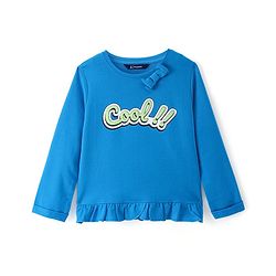 Pine Kids Cotton Knit Full Sleeves Top with Text Print Bow & Frill Detailing - Blue