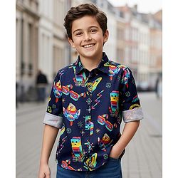 Pine Kids Cotton Woven Full Sleeves Printed Shirt - Navy Blue