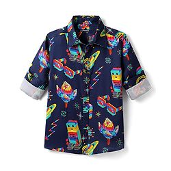 Pine Kids Cotton Woven Full Sleeves Printed Shirt - Navy Blue