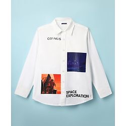 Pine Kids Cotton Woven Full Sleeves Shirt With Space Theme Print - White