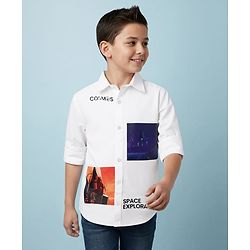 Pine Kids Cotton Woven Full Sleeves Shirt With Space Theme Print - White