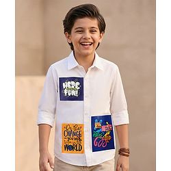Pine Kids Cotton Woven Full Sleeves Shirt With Text Print - White