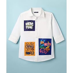 Pine Kids Cotton Woven Full Sleeves Shirt With Text Print - White