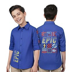 Pine Kids Cotton Woven Full Sleeves Shirt With Text Print In Front & Back - Royal Blue