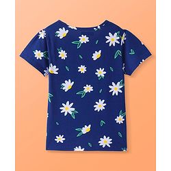 Pine Kids Single Jersey Knit Half Sleeves Night Suit With Text & Floral Print - Navy
