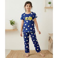 Pine Kids Single Jersey Knit Half Sleeves Night Suit With Text & Floral Print - Navy