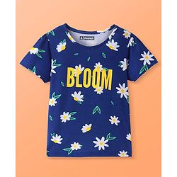 Pine Kids Single Jersey Knit Half Sleeves Night Suit With Text & Floral Print - Navy