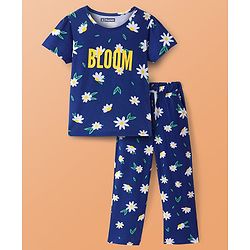 Pine Kids Single Jersey Knit Half Sleeves Night Suit With Text & Floral Print - Navy