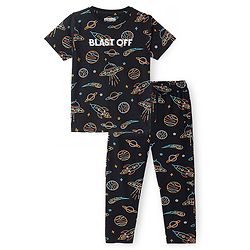Pine Kids Single Jersey Knit Half Sleeves Space Printed Night Suit - Black