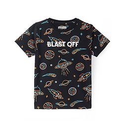 Pine Kids Single Jersey Knit Half Sleeves Space Printed Night Suit - Black