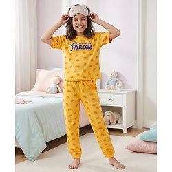 Pine Kids Single Jersey Knit Half Sleeves Night Suit with Crown & Text Print - Yellow