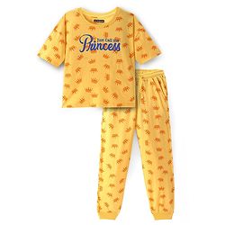 Pine Kids Single Jersey Knit Half Sleeves Night Suit with Crown & Text Print - Yellow