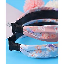 Pine Kids Hair Bands Knot Design with Floral Print Free Size Pack of 2 - Blue & Pink