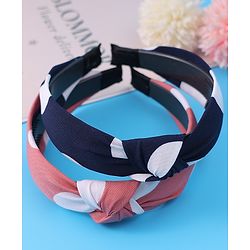 Pine Kids Hair Bands Bow Applique with Polka Dots Free Size Pack of 2 - Pink & Dark Blue