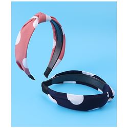 Pine Kids Hair Bands Bow Applique with Polka Dots Free Size Pack of 2 - Pink & Dark Blue