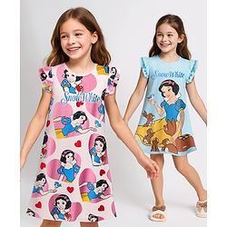 Pine Kids Disney Single Jersey Knit Frill Sleeves Nighty With Snow White Graphics Pack Of 2 - Pink & Light Blue