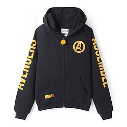 Pine Kids Marvel Terry Knit Full Sleeves Hooded Sweatshirt & Track Pant with Avengers Front and Back Graphics With Glitter Detailing - Black