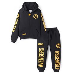 Pine Kids Marvel Terry Knit Full Sleeves Hooded Sweatshirt & Track Pant with Avengers Front and Back Graphics With Glitter Detailing - Black