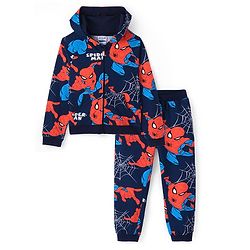 Pine Kids Marvel Terry Knit Full Sleeves Co-ord Hooded Sweatshirt & Track Pant with Spider Man Print - Navy