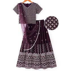 Pine Kids Woven Half Sleeves Sequin Embroidered Choli Lehenga Set with Dupatta - Wine
