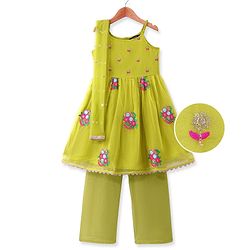 Pine Kids Woven Sleeveless Floral Embroidered  Kurti & Churidar Salwar Set with Dupatta - Lime green