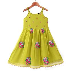 Pine Kids Woven Sleeveless Floral Embroidered  Kurti & Churidar Salwar Set with Dupatta - Lime green