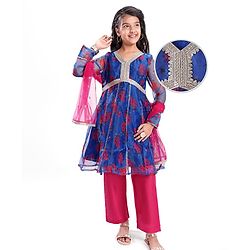 Pine Kids Woven Full Sleeves Floral Printed Kurta Palazzo Set with Dupatta & Lace Detailing - Royal Blue