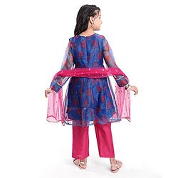 Pine Kids Woven Full Sleeves Floral Printed Kurta Palazzo Set with Dupatta & Lace Detailing - Royal Blue