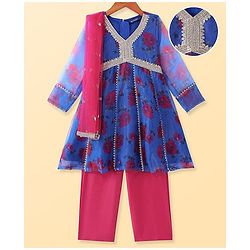 Pine Kids Woven Full Sleeves Floral Printed Kurta Palazzo Set with Dupatta & Lace Detailing - Royal Blue