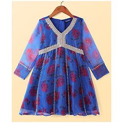 Pine Kids Woven Full Sleeves Floral Printed Kurta Palazzo Set with Dupatta & Lace Detailing - Royal Blue