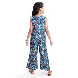 Pine Kids Woven Sleeveless Floral Sequin Embroidered Top & Palazo Set with Frill Detailing - Navy Blue