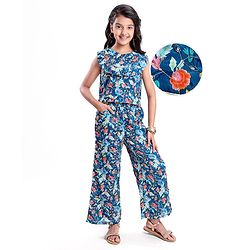 Pine Kids Woven Sleeveless Floral Sequin Embroidered Top & Palazo Set with Frill Detailing - Navy Blue