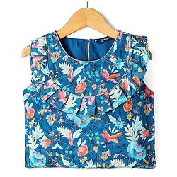 Pine Kids Woven Sleeveless Floral Sequin Embroidered Top & Palazo Set with Frill Detailing - Navy Blue