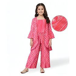Pine Kids Woven Sequin Embroiderd Top & Palazzo Set with Three Fourth Sleeves Jacket - Dark Pink