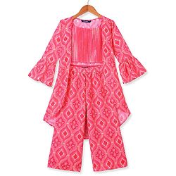 Pine Kids Woven Sequin Embroiderd Top & Palazzo Set with Three Fourth Sleeves Jacket - Dark Pink