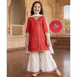 Pine Kids Woven Three Fourth Sleeves Floral Embroidered Kurta Gharara & Dupatta Set with Lace Detailing - Red