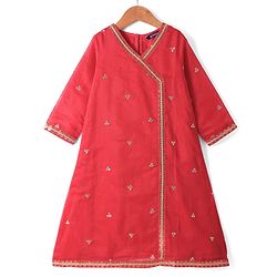 Pine Kids Woven Three Fourth Sleeves Floral Embroidered Kurta Gharara & Dupatta Set with Lace Detailing - Red