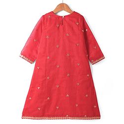 Pine Kids Woven Three Fourth Sleeves Floral Embroidered Kurta Gharara & Dupatta Set with Lace Detailing - Red