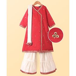 Pine Kids Woven Three Fourth Sleeves Floral Embroidered Kurta Gharara & Dupatta Set with Lace Detailing - Red