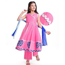 Pine Kids  Woven Sleeveless Kurti & Churidar with Dupatta Set Floral Embroidery - Dark Pink