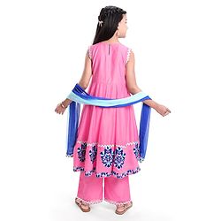 Pine Kids  Woven Sleeveless Kurti & Churidar with Dupatta Set Floral Embroidery - Dark Pink