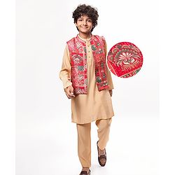 Pine Kids Woven  Full Sleeves Kurta Pyjama Set with Floral Foil Printed  Jacket - Red