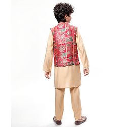 Pine Kids Woven  Full Sleeves Kurta Pyjama Set with Floral Foil Printed  Jacket - Red