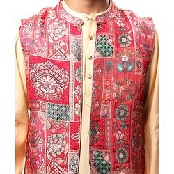 Pine Kids Woven  Full Sleeves Kurta Pyjama Set with Floral Foil Printed  Jacket - Red